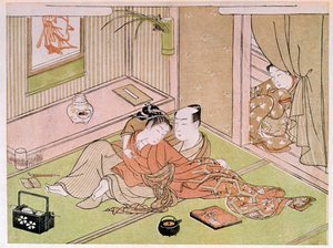 Paar, das sich unter dem Blick der Dienerin streichelt. Japanischer Druck von Utamaro Kitagawa (1753-1806). 18. Jahrhundert. Paris, Guimet Museum, Nationalmuseum für asiatische Künste von Kitagawa Utamaro
