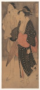 Paar in einem abendlichen Regenschauer, aus der Serie „Drei abendliche Freuden der fließenden Welt“ von Kitagawa Utamaro