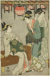 Kurtisanen unter einem Glyzinienlaubengang von Kitagawa Utamaro