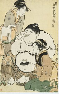 Daidozan Bungoro, das Wunderkind, dem von rivalisierenden Teestuben-Kellnerinnen Tee und Kekse angeboten werden von Kitagawa Utamaro