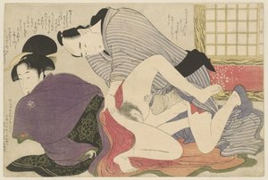 Geisha und Liebhaber bei freistehendem Paravent