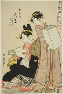Hanamurasaki vom Tamaya, (kamuro:) Shirabe, Teriha, Blumen aus der Serie Schnee, Mond und Blumen in Yoshiwara (Seiro setsugekka) von Kitagawa Utamaro