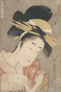 „Hanamurasaki von der Tamaya,“ aus der Serie Sieben Komachi der Vergnügungsviertel ..., ca. 1790