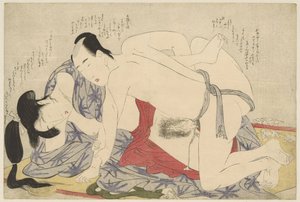 Junges Ehepaar, das auf einer Sommerschlafmatte Liebe macht von Kitagawa Utamaro