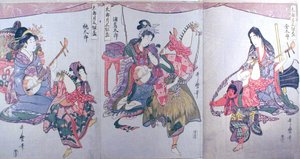 Kintaro, Urashimataro und Momotaro, aus dem Triptychon "Set of Three Sake Cups for the First Month (Tarozuki mitsugumi sakazuki)" von Kitagawa Utamaro
