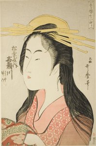 Kisegawa vom Matsubaya, [deren Begleiter sind] Sasano, Takeno (Matsubaya uchi Kisegawa, Sasano, Takeno), aus der Serie "Sieben Komachi von Yoshiwara" ("Seiro nana Komachi") von Kitagawa Utamaro