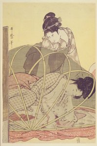 Mutter stillt Baby unter Moskitonetz, ca. 1795
