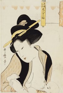 Porträt einer Mutter, die ihr Kind stillt, aus der Serie "Zwölf Typen schöner Frauen mit Landschaften berühmter Orte" von Kitagawa Utamaro