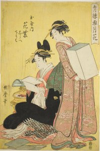 Schnee, Mond und Blumen in den Vergnügungsvierteln (Seiro setsugekka): Hanamurasaki vom Tamaya mit Begleiterinnen Shirabe und Teriha von Kitagawa Utamaro