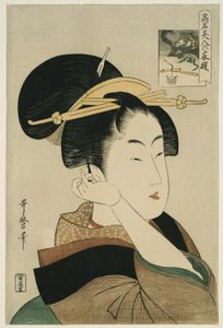 Tatsumi Roko, aus der Serie „Berühmte Schönheiten verglichen mit den sechs unsterblichen Dichtern“ ("Komei bijin rokkasen") von Kitagawa Utamaro