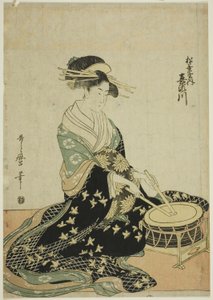 Die Kurtisane Kisegawa von der Matsubaya, aus einer unbetitelten Serie von Kurtisanen der Matsubaya als fünf Musiker von Kitagawa Utamaro