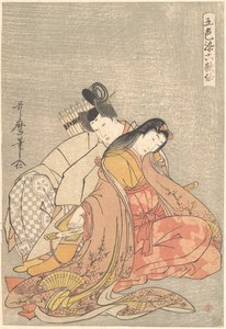 „Der Dichter Ariwara no Narihira (825–880) und Ono no Komachi,“ aus der Serie Fünf Farben der Liebe für die sechs poetischen Unsterblichen (Goshiki-zome rokkasen) von Kitagawa Utamaro