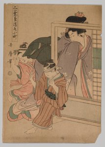 Zwei Kinder und eine Frau spielen Blindekuh, 1753-1806 von Kitagawa Utamaro