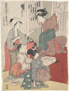 Kellnerinnen in einem Teehaus (Ebisu-ya): Zwölf Drucke schöner Frauen von Kitagawa Utamaro
