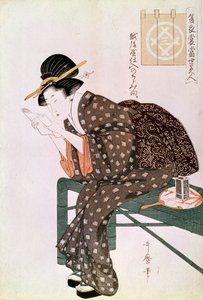 Frau liest. Hergestellt mit einem Krepp von Echigoya. Sommerensemble-Serie: Schönheiten unserer Zeit. Japanischer Druck von Utamaro Kitagawa (1753-1806). 1804-1806. Paris, Guimet Museum, Museum für asiatische Kunst