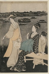 Frauen genießen die Abendkühle in der Nähe der Ryogoku-Brücke
