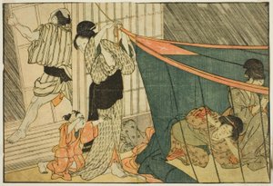 Frauen in einem Moskitonetz während eines Gewitters, aus dem illustrierten Buch "Bilderbuch: Blumen der vier Jahreszeiten (Ehon shiki no hana)," Bd. 1 von Kitagawa Utamaro
