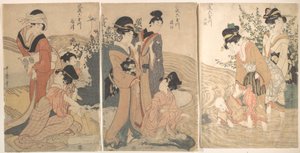Frauen und Kinder am Ufer eines Baches von Kitagawa Utamaro