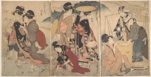 Frauen und ein Mann auf dem Land; irgendein Festzug(?) von Kitagawa Utamaro