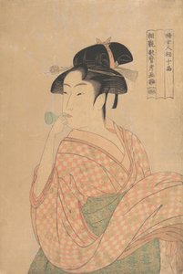 Junge Frau bläst ein Popen-Glas-Lärmmacher von Kitagawa Utamaro
