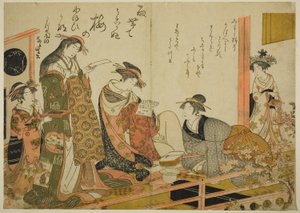 Die Kurtisanen Utagawa und Nanasato aus dem Yotsumeya, aus dem Album "Vergleich neuer Schönheiten von Yoshiwara - Ein Spiegel ihrer eigenen Schriften (Keisei shin bijin awase jikihitsu kagami)"