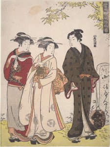 Zwei Mädchen und ein vorbeigehender Mann: Zehn Ansichten zeitgenössischer Schönheiten von Kitao Masanobu