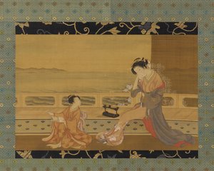 Zwei Mädchen auf einem Balkon mit Blick auf das Meer, Edo-Periode, 1739-1820