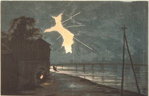 Donner und Blitz über der Onmaya-Brücke von Kiyochika Kobayashi