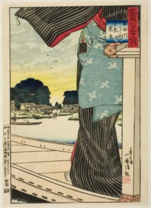 Fernansicht des Matsuchi-Hügels vom Sumida-Fluss aus gesehen aus der Serie „Hundert Ansichten der Provinz Musashi“ von Kiyochika Kobayashi