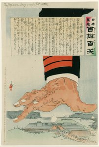 Russisch-Japanischer Krieg 1904-1905: Eine riesige japanische Hand zerquetscht Port Arthur (Lushun) am 25. Juli 1904. Russland kapitulierte schließlich Port Arthur am 2. Januar 1905. Kobayashi Kiyochika (1847-1915), japanischer Künstler. von Kiyochika Kobayashi
