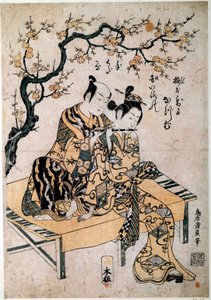 Japanische Kunst: Ein Musiker gibt einer jungen Frau eine Flötenstunde. Druck von Kiyohiro Torii (1737-1766) 18. Jahrhundert. Paris, B.N.