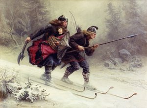 Soldaten für den norwegischen König Sverre, Torstein Skevla und Skjervald Skrukka tragen den Königssohn Hakon Hakonsson von Knud Bergslien