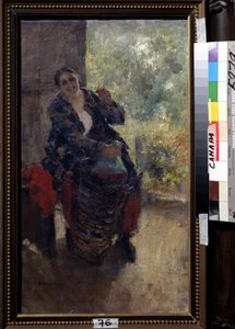 Eine Wirtin, Frau mit einem Glas Wein von Konstantin Alekseevich Korovin