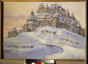 Festung des alten Russland. (Holzbefestigte Stadt, im Schnee in der Ukraine im Mittelalter). Werk von Konstantin (Constantin) Ivanovich Gorbatov (1876-1945), Tempera auf Holz, Anfang des 20. Jahrhunderts. Private Sammlung