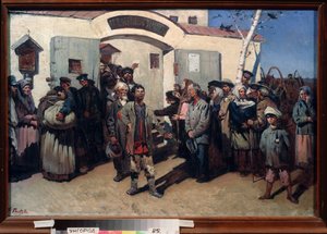 Rückkehr zur Freiheit. (Befreiung der Gefangenen eines Zuchthauses, ihre Augen sind zum Himmel gerichtet und eine bewegte Menge erwartet sie). Gemälde von Konstantin Petrovich Pyneev (1868-1922), Öl auf Leinwand. Russische Kunst