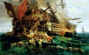 Ein türkisches Kriegsschiff in Flammen