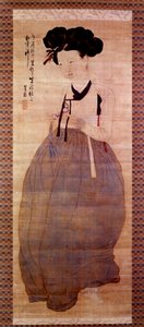 Koreanische Kunst: Porträt einer Geisha (Koreanisches Mädchen im Geisha-Kostüm). Druck von 1758. Private Sammlung. von Korean School