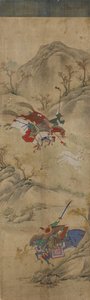 Jagdszene (3 Reiter mit Kaninchen und mythischen Tieren) von Korean School