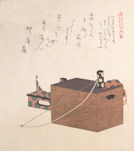 Schachtel für Sugoroku-Spiel Eine Art Backgammon, Bogen und Trommel, 19. Jahrhundert