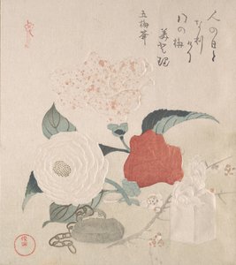 Kamelienblüten, ein Netsuke und ein Siegel, 19. Jahrhundert
