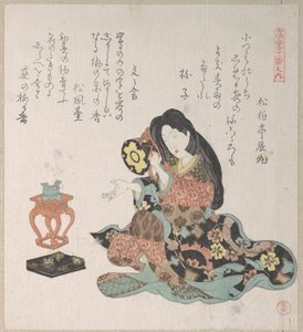 Dame, die neben dem Räuchergefäß eine Handtrommel (Tsuzumi) schlägt von Kubo Shunman