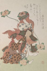 Zwei Tänzer führen einen Shakkyomono-Kabuki-Tanz auf, ca. 1805-10 von Kubo Shunman