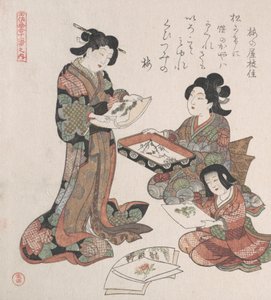 Zwei Frauen und ein Mädchen betrachten Gemälde, wahrscheinlich 1815 von Kubo Shunman