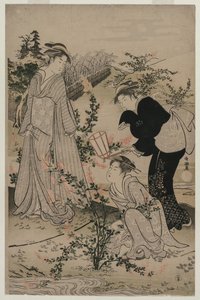 Frauen schneiden Zweige von Buschkleeblättern; Der Noji Tama Fluss in der Provinz Omi, aus einer unbetitelten Serie der sechs Tama Flüsse