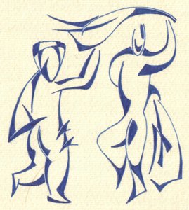 Tanzende Figuren umarmen sich