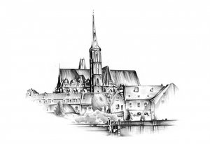 Zeichnung einer Kathedrale am Flussufer