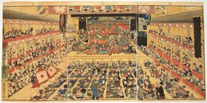Odori-keiyo Edo-e no Sakae: Theaterinnenraum mit Shibaraku-Aufführung, 1858