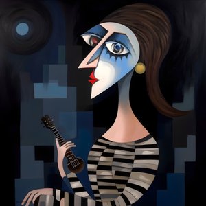 3D Frau Troubadour mit ihrer Gitarre im nächtlichen Mondlicht 1