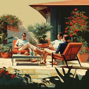 3 Freunde im Garten mit Getränken