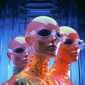 6 Frauen mit 3D parametrischen fluoreszierenden Plastikmasken in einer surrealen und parametrischen Zukunftsarchitektur